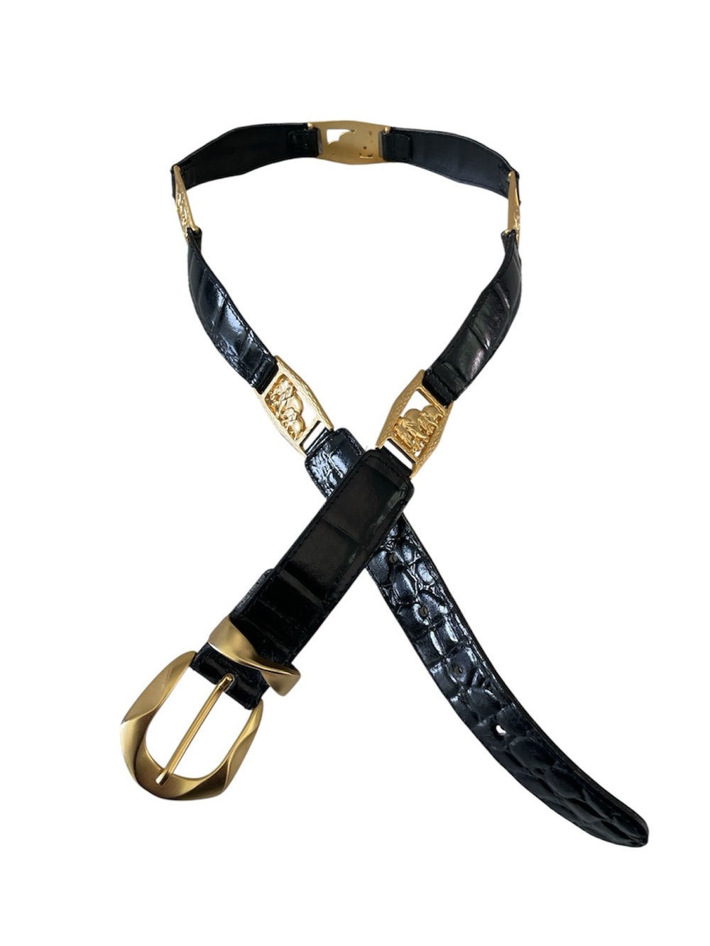 Vintage Black Faux Croc Elephant Link Statement Belt Gold Hardware Safari Chic